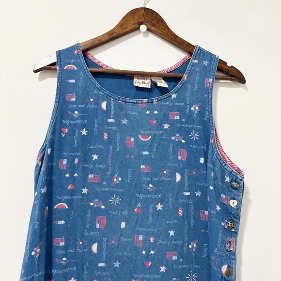 Vintage Koret Blue Sleeveless Midi Dress Womens Large July 4th Americana Novelty - Picture 2 of 8